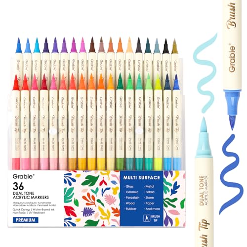Grabie 72 Colors Acrylic Paint Markers, 36 Pack Dual Tip Soft Brush Acrylic Markers, Water-Based Paint Pens for Paper, Rock Painting, Wood, Canvas, Glass, Fabric, DIY Craft Art Supplies for All Ages - color: B.36Pcs-72Dual Tone Colors