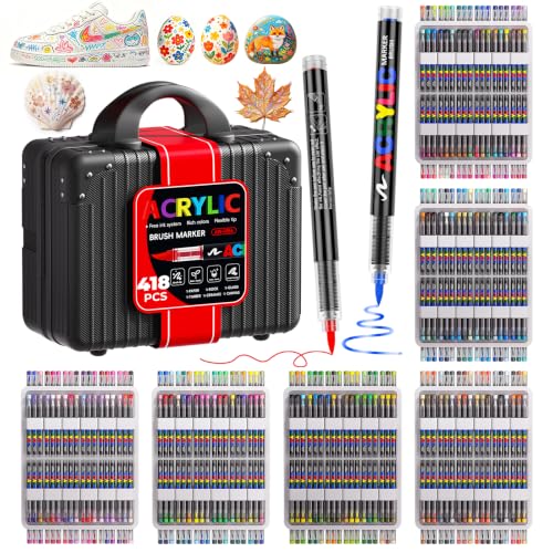 418 Colors Acrylic Paint Markers with Automatic Ink Control System | Quick Dry No Bleed High Opacity Water-Based Brush Tip for Rock Wood Canvas Glass Ceramic DIY Art Crafts - color: 418 colors