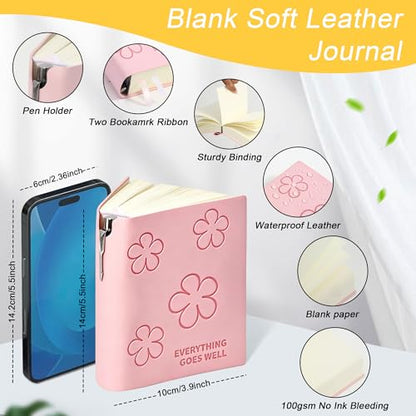 Thick Blank Journal Notebook 400 page With Pen Holder 100gsm Thick Paper，A6 Unlined Plain Sketchbook ， Small Soft Leather Unlined Pocket Blank Notebook For Women Drawing Book Memo Writing Sketch Travel Diary 3.9 × 5.5(Everything Goes Well) - color: Pink-E