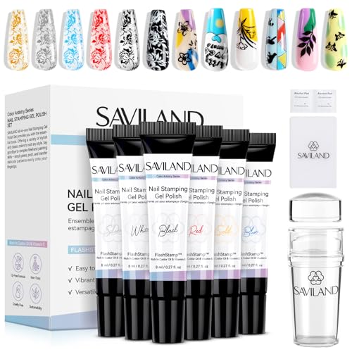 SAVILAND Nail Stamping Gel Polish Kit: 6 Colors Nail Stamping Polish Gel with French Tip Tool Silicone Stamp 8ML Stamper Polishs Gels Painting Gels Nails Kit for DIY Nails Art Design - color: 1C-1Nail Stamping Polish