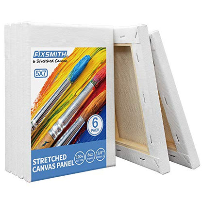 FIXSMITH Stretched White Blank Canvas- 5x7 Inch,6 Pack,Primed,100% Cotton,5/8 Inch Profile of Economy Value Pack for Acrylics,Oils & Other Painting Media. - size: 5"x7"