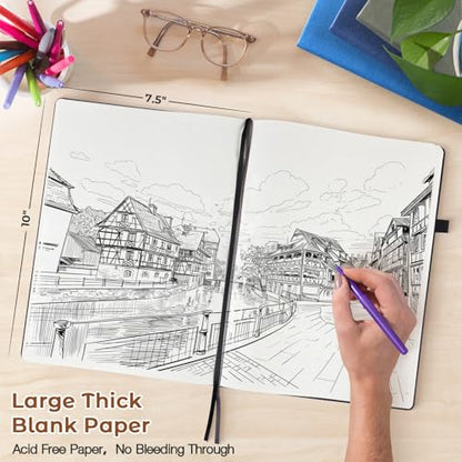 Blank Notebook, Hardcover Sketch Book, 8.5" x 11" Large Blank Journal, No Bleed Thick Paper Sketchbook for Drawing Art, Unlined Notebook Journal for Women Men, A4 Leather Sketchbook, Lay Flat, Brown - color: Brown