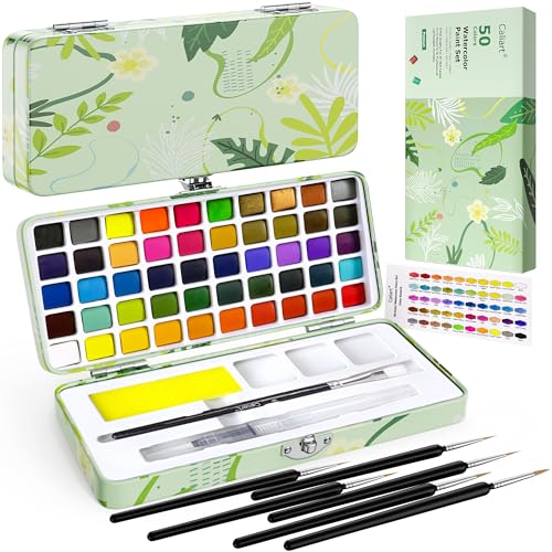 Caliart 50 Colors Watercolor Paint Set, Portable Art Supplies Palette Kit | Travel Water Color Paints with Detail Paintbrush, Art Coloring Painting Gifts for Adults Professionals Beginners Artists - size: 1 Count (Pack of 50)