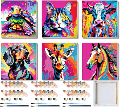 6 Pack Framed Paint by Numbers Kit for Kids, Horse Color By Number Painting Kits for Kids Ages 4-8-12, Cat Giraffe Paint by Numbers Canvas Children DIY Paints by Number Kits for Beginners 8x8Inch - color: 6 pack With Framed Paint by Numbers 02, size: 8''x