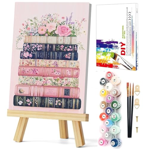 Gemozaic Book Framed Paint by Numbers Kit for Adults, Books and Flowers Paint by Number with Frame, Small DIY Acrylic Pink Numbers Painting on Framed Canvas for Home, Wall Decor, Gift, 8x12 inch - color: BKH2382