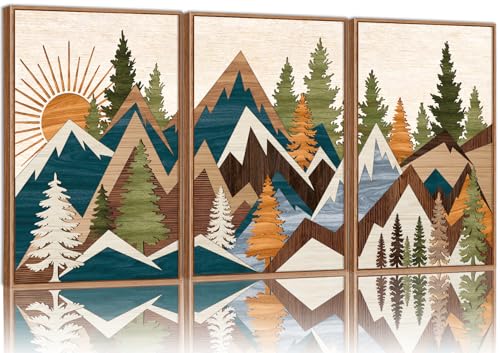 Tinonedraw Large Mountain Framed Canvas Wall Art, Boho Rustic Sunrise Forest Wall Decor, Vintage Woodsy Nature Art Painting, Modern Wilderness Trees Art Print for Living Room Bedroom Office 16"x24"x3 - color: Sunrise Mountain, size: 24L" x 16W"