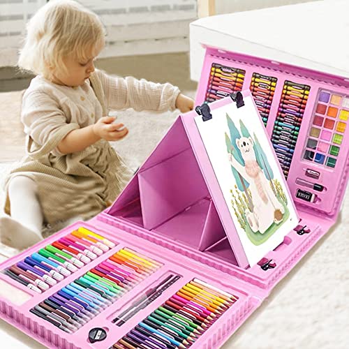 DLUCKY 208 PCS Art Supplies, Drawing Art Kit Adults for Kids Art Set,Pink | with Double Sided Trifold Easel, Oil Pastels, Crayons, Colored Pencils, Watercolor Pens Gift for Girls Boys Artist - color: Pink