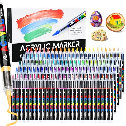 120 Colors Acrylic Paint Markers, Water-Based Colored Paint Pens, Brush Tip Markers with Direct-Liquid Ink Control System, Markers Set for Pumpkin Decorating, Rock, Fabric, Wood, Wood, Art Supplies - color: 120 Colors