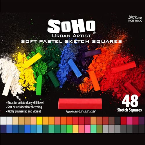 Soho Urban Artist Soft Pastel Sketch Squares Set of 48 with Pastel Blender Knife - Professional Vibrant Chalk Pastels