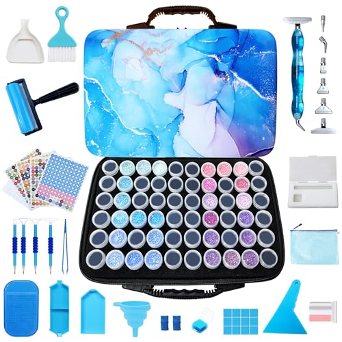 Muzagroo Art Diamond Painting Storage Containers 60 Slots Diamond Art Storage Box with Accessories and Tools Portable Shockproof Organizer Case for Diamond Painting Kits M (Blue-Deluxe) - color: Blue-Deluxe Set, size: 60 Jars