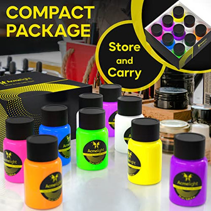 Acmelight Glow in the Dark Acrylic Paint Set - 9 Neon Fluorescent Colors for Canvas, Wood & Stone - Blacklight Reactive - Cool Art Supplies Gift for Artists, Adults & Kids