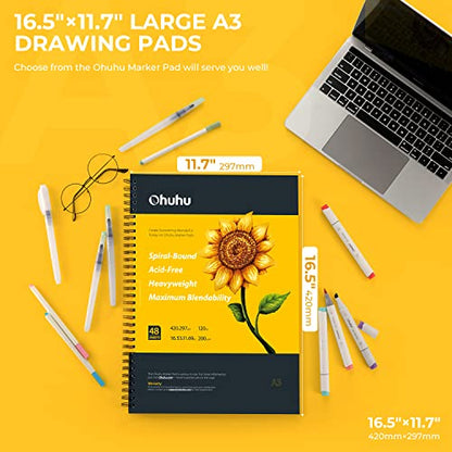 Ohuhu Marker Pads Art Sketchbook, 16.5"x11" XL A3 Large Paper Size, 120 LB/200 GSM Heavy Smooth Drawing Papers, 48 Sheets/96 Pages, Spiral Bound Sketch Book for Alcohol Markers Christmas Gift - size: 16.5" x 11"