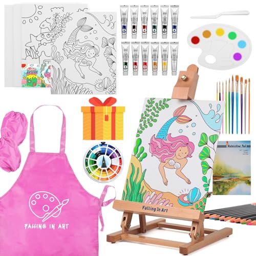 Falling in Art Tabletop Easel Set, Portable Wooden Art Easel Painting Kits for Kids, Easel for Painting Canvases, Including 12 Colors Acrylic Paints, 10 Paintbrushes and 4 Canvas Panels, Pink - color: Pink