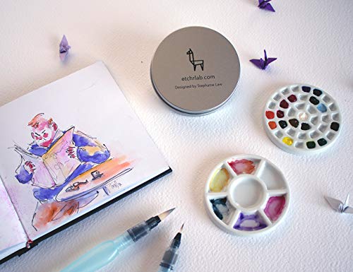 Etchr Mini Palette 37 Wells - Built for Watercolor Acrylic Oil and Gouache Paint - Professional Porcelain Paint Wells and Mixing Palette and Airtight Metal Tin - Perfect Travel Palette