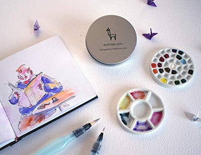 Etchr Mini Palette 37 Wells - Built for Watercolor Acrylic Oil and Gouache Paint - Professional Porcelain Paint Wells and Mixing Palette and Airtight Metal Tin - Perfect Travel Palette