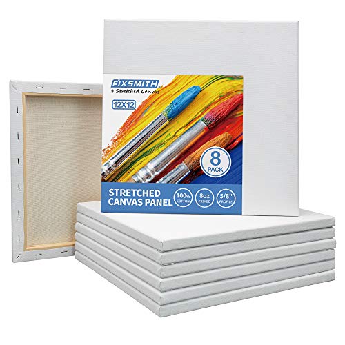 FIXSMITH Stretched White Blank Canvas- 12x12 Inch,Bulk Pack of 8,Primed,100% Cotton,5/8 Inch Profile of Super Value Pack for Acrylics,Oils & Other Painting Media - size: 12"x12"