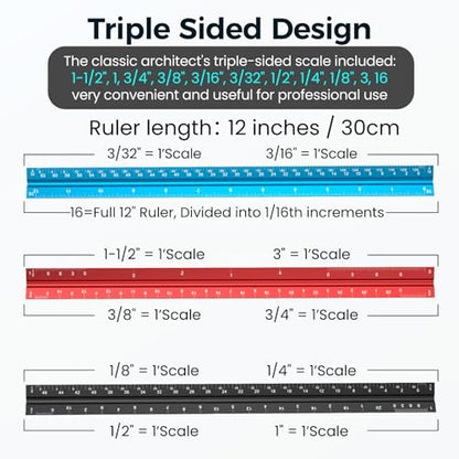 Rena Chris 2PCS Architectural Scale Ruler: 12" Imperial Aluminum Alloy Metal Architecture Measuring Tools, Engineering Drafting Construction Drawing Blueprints Triangular Architect Scaling Rulers - color: Red+Black