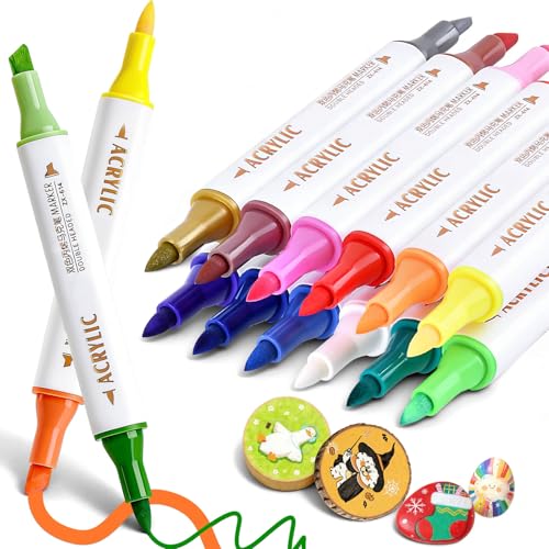 Coloring Acrylic Paint Markers, 24 Colors Dual Tip Chisel & Fine Art Paint Pens Set, Colored Markers for Adult Book Drawing, Rock, Stone, Fabric, Art Supplies Marker Kit for Illustration DIY, 12 Pack - color: 12 Pack 24 Colors