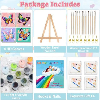 WEMEON 4 Pack Paint by Numbers Kit for Kids 4-8-12 with Framed, Butterfly Kids Small Paint by Numbers kit, Framed Mini Painting by Numbers for Kid Painting Set(8x8Inch) - color: ETYH52-53-54-55-US（8x8inch)