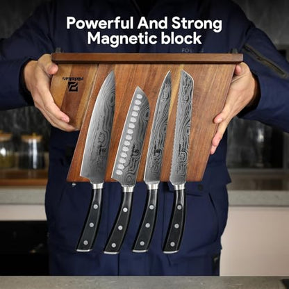 Piklohas Knife Sets for Kitchen with Block, 17 Pieces with Magnetic Knife Holder, German High Carbon Stainless Steel Damascus Pattern Chef Knife Set, Ideal for Gift