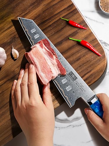 HOSHANHO Damascus Santoku Knife 7 Inch, 67-Layer Damascus Steel Chef Knife, Ultra Sharp Professional Kitchen Knives with Ergonomic Blue Resin Stabilized Wood Handle and Wood Gift Box - size: 7"