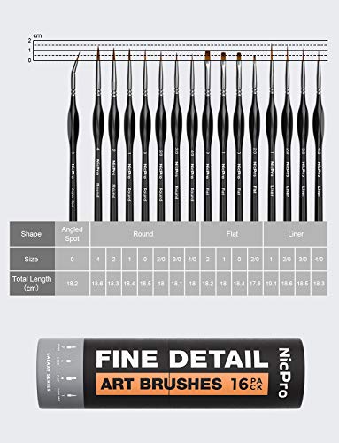 Nicpro 16 PCS Miniature Paint Brushes, Fine Tip Micro Model Detail Paint Brush Set for Acrylic Watercolor Oil, Paint by Number, Models, Miniatures, Craft, Rock Painting - with Container - style: 16 Pack (Detail)