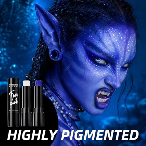White & Blue Face Paint Sticks Waterproof Eye Black for Sports Event Body Paint High Pigment for Avatar Halloween SFX Makeup Mermaid and Fantasy Character Looks - color: White & Blue