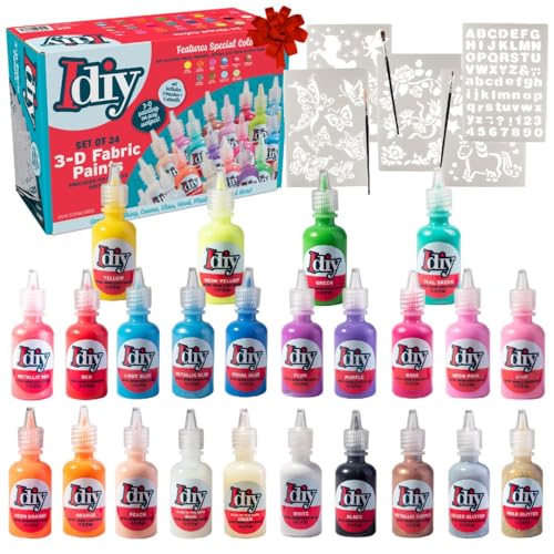 24-Color 3D Fabric Paint Set for Clothes, Canvas & Glass - Permanent Puffy Paint (1oz Bottles) with Neon, Metallic, Glitter & Glow in The Dark Colors - Includes 3 Brushes & 5 Stencils, Non-Toxic