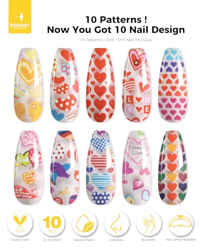 BURANO Nail Art Nail Foil Glue Gel, o.5 oz with 10PCS Foil Stickers Set Nail Foil Glue for Nails Foil Transfer Gel, Nail Design DIY UV LED Lamp Required (Love 34) - color: Love 34