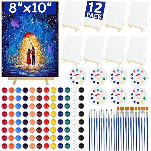 12Pack 8x10 Inch Canvas and Easel Set, Sip and Paint Kit for Adults,Art Canvas Bulk with Easels Stands, Trays,Small Paint Brushes,12 Colors Mini Acrylic Paint Set for Couples,Kids and Party Supplies