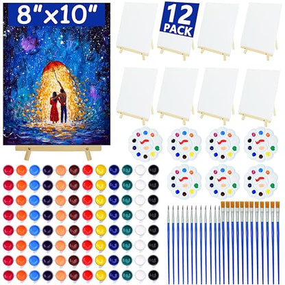 12Pack 8x10 Inch Canvas and Easel Set, Sip and Paint Kit for Adults,Art Canvas Bulk with Easels Stands, Trays,Small Paint Brushes,12 Colors Mini Acrylic Paint Set for Couples,Kids and Party Supplies