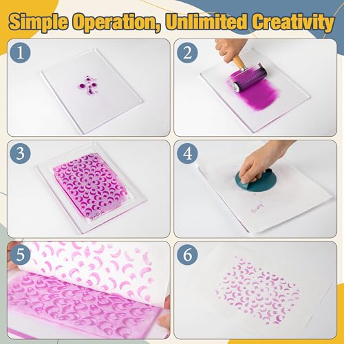 Funria Gel Printing Plate Kit with 8" X 10" Reusable Gel Printing Plate, Printing Paper, Baren, Stencils, Rubber Roller, Crafts Printmaking Supplies for Mixed Media Art Monoprinting Card Making - color: 4PC