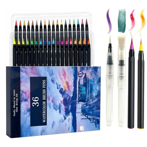 Watercolor Pens Set 38 Including 2 Aquapens & 36 Unique Colors Watercolor Brush Pens for watercolor Drawing, Doodling, Outdoor Sketching,Professional Artistic Use, Vibrant Color Set for Handicrafts