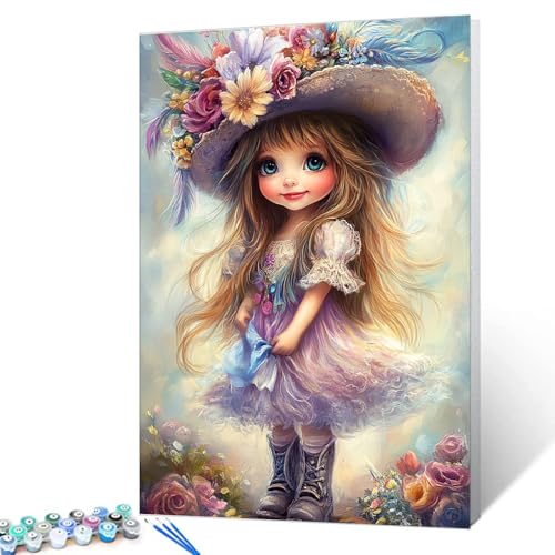 Tucocoo Cute Little Girl Paint by Numbers Kits with Brushes and Acrylic Pigment on Canvas Painting for Adults, Flowers Hat Fantasy Art Picture for Home Wall Decor Gifts 16''x20'' (DIY Framed) - color: Artwork-07, size: 16''x20''(DIY Frame)