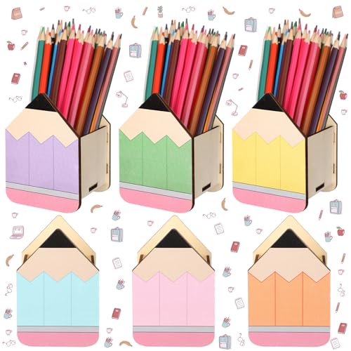 Zhehao 6pcs Pastel Pencil Shaped Pen Holders for Desk Back to School Wooden Pen Storage Organizer, Cute Desktop Pencil Cups, Stationery Pot Bulk for Back to School Teacher Classroom Office Supplies - style: Pencil