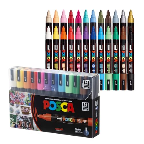 POSCA PC-5M Water-Based Paint Markers, Medium Point (1.8-2.5mm), Assorted Colors, 24 Pack - size: 1 Count (Pack of 24), style: Round Tip