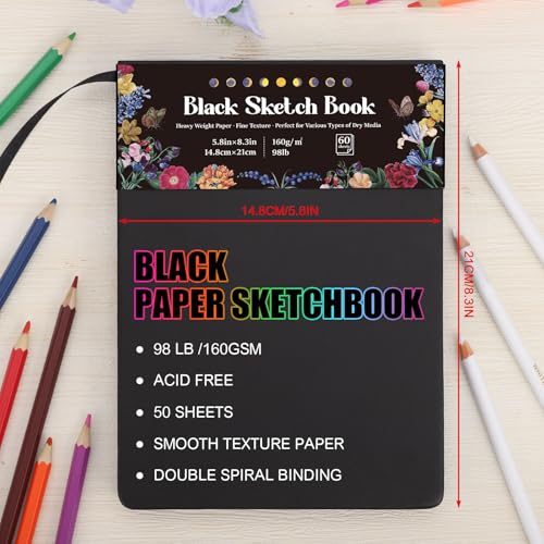 50 Sheets Black Paper Sketchbook, 98lb/160gsm Heavyweight Black Sketch Pad 5.8×8.3in, Acid-Free Drawing Paper, Spiral Bound Sketch Book for Kids, Teens, Artist - size: 5.8×8.3 Inch (1 pack)