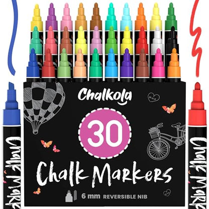 Chalkola Liquid Chalk Markers Erasable (30 Pack 6mm) Pastel + Neon Chalk Pens - Wet Wipe Washable Paint for Chalkboard Sign, Blackboards, Car Window, Glass, Bistro, Board, Mirror - 6mm Reversible Tip - style: Bold Tip - 6mm