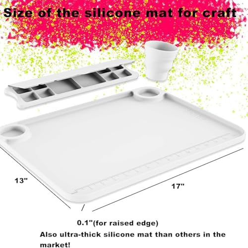 Svartur Silicone Painting Mat with Cup and Palette Removable, 17"X13" Thick Silicone Art Mat for Craft with Raised Edge for Resin DIY Making, White - color: White