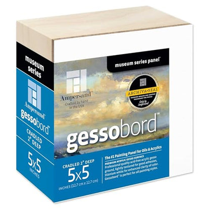 Ampersand Art Supply Museum Series Gessobord | 5x5 | 2" Cradled Profile | Gesso Wood Painting Panel for Oil and Acrylic Paint & Mixed Media | Canvas Panel Alternative in Professional Art Supplies - size: 5" x 5", style: 2 Inch Cradle