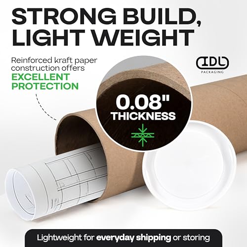 IDL Packaging 4” x 36” Cardboard Mailing Tube, Made in the USA - Reinforced Shipping Cylinder for Posters, Blueprints, Documents & Artwork, with Plastic End Caps - size: 4" x 36"