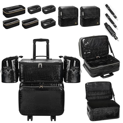 OCHEAL 18" Rolling Makeup Case, Professional 4-in-1 Trolley Case | 3-Layer, Large Cosmetic Organizer with Wheels,Large Makeup Case & Double Brush Organizer, 6 Travel Bags - color: Black-4 in 1