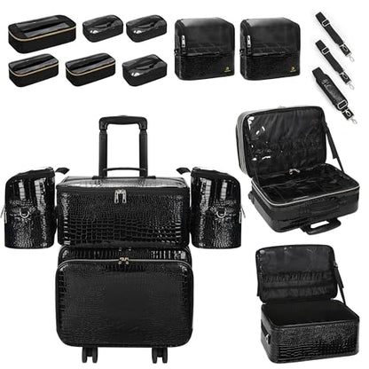 OCHEAL 18" Rolling Makeup Case, Professional 4-in-1 Trolley Case | 3-Layer, Large Cosmetic Organizer with Wheels,Large Makeup Case & Double Brush Organizer, 6 Travel Bags - color: Black-4 in 1