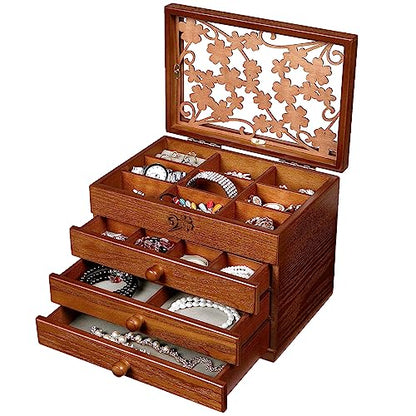 Changsuo Wooden Jewelry Box for Women with Drawers, Medium-sized Jewelry Storage Organizer with Acrylic Lid - size: Three-drawer
