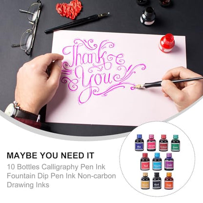 10 Bottles Non-Carbon Calligraphy Pen Ink for Dip Pens and Scrapbooks, Quick-Drying Dye-Based Ink with High Permeability, Suitable for Special Occasions and Sketching