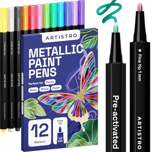 ARTISTRO 12 Metallic Paint Pens for Glass Marking, Rock Painting, Ceramic, Wood, Fabric, Scrapbooking, DIY Craft Making, Coloring - Acrylic Paint Markers Fine Tip 1mm - color: Metallic, style: Extra Fine