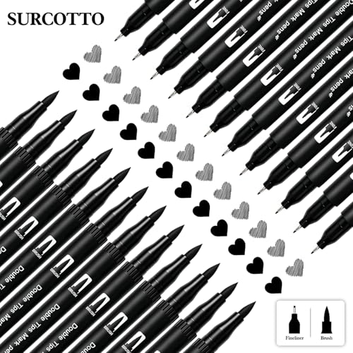 Surcotto Black Markers for Drawing,12 Pack Drawing Pens, Brush Pens with Felt Tips for Artists, Dual Tip Brush Fineliners Pens, Calligraphy Pens, for Art Drawing Sketching Journaling, Black