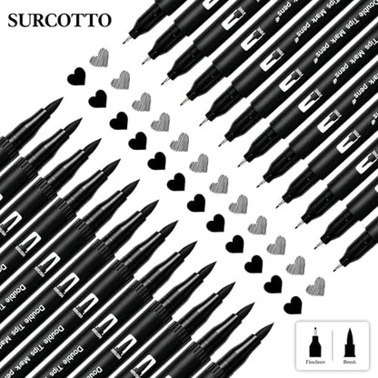 Surcotto Black Markers for Drawing,12 Pack Drawing Pens, Brush Pens with Felt Tips for Artists, Dual Tip Brush Fineliners Pens, Calligraphy Pens, for Art Drawing Sketching Journaling, Black