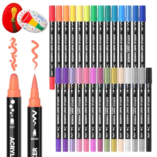 Shuttle Art 28 Colors Dual Tip Acrylic Paint Markers, Brush Tip and Dot Tip Acrylic Paint Pens for Rock, Ceramic, Wood, Canvas, Plastic, Glass, Stone, Calligraphy, Card Making, DIY Football Crafts - color: 28 Colors Brush Tip & Dot Tip