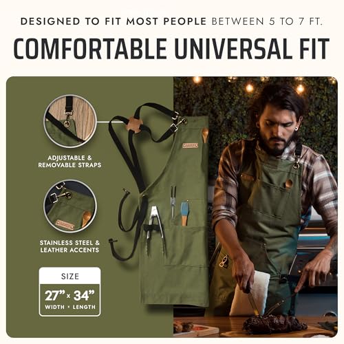 Asaya Chef and BBQ Apron with Bottle Opener and Hand Towel - 10oz Cotton Canvas, Stainless Steel Hardware - Cross Back Straps - color: Green